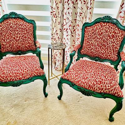 Furniture - French style bergère chairs in Turquoise & Red Animal print w/ marble top occasional table