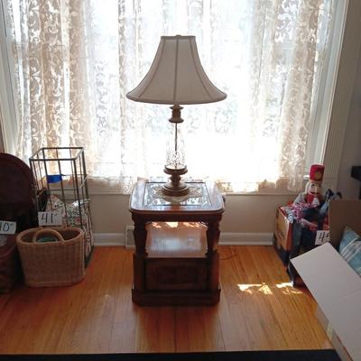 GLASS TOP END TABLE W/SMALL CABINET AND GLASS LAMP