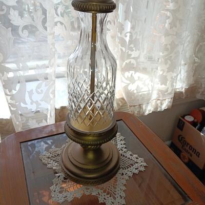 GLASS TOP END TABLE W/SMALL CABINET AND GLASS LAMP