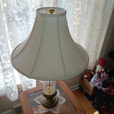 GLASS TOP END TABLE W/SMALL CABINET AND GLASS LAMP