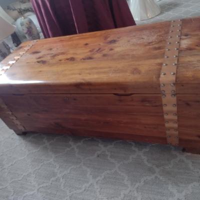 Vintage Roos Cedar Lined Storage Trunk with Sliding Tray and Metal Strap Accents- Approx 47" x 20 1/4" x 18" Tall