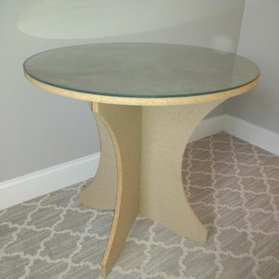 Pressed Wood Accent Table with Damask Cloth and Glass Top- Approx 28" in Diameter, 27 1/4" Tall