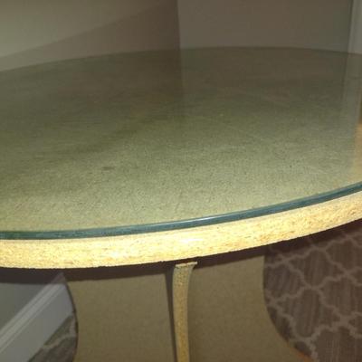 Pressed Wood Accent Table with Damask Cloth and Glass Top- Approx 28" in Diameter, 27 1/4" Tall