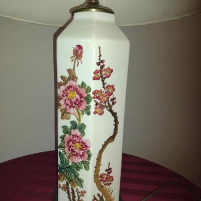 Hand Painted Asian Floral Design Ceramic Lamp with Shade- Approx 29 3/4" Tall