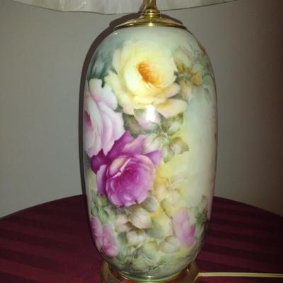 Hand Painted Floral Rose Design Ceramic Lamp with Shade- Approx 27 1/4" Tall