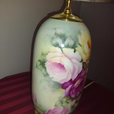 Hand Painted Floral Rose Design Ceramic Lamp with Shade- Approx 27 1/4" Tall