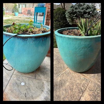 Outdoors - Back Patio - Turquoise Ceramic Planter Pair