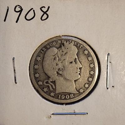1908 Barber Quarter USA 25c Silver Coin