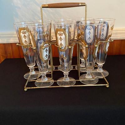 Lot of 8 Mid Century Retro Barware Pilsner Beer Glasses with carrier