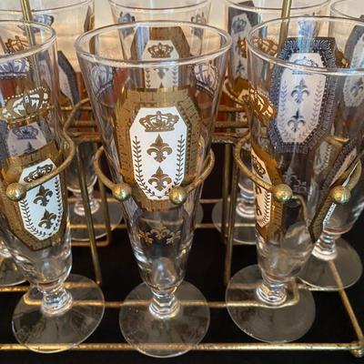 Lot of 8 Mid Century Retro Barware Pilsner Beer Glasses with carrier