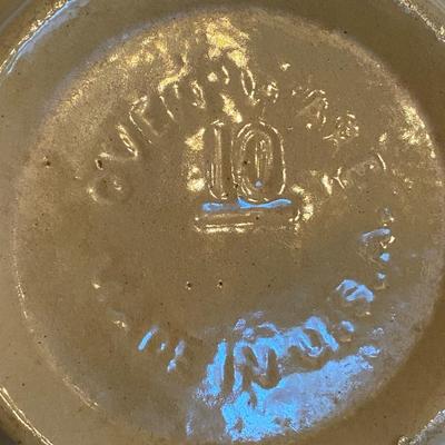 Yellowware #10 mixing bowl with blue and white stripes