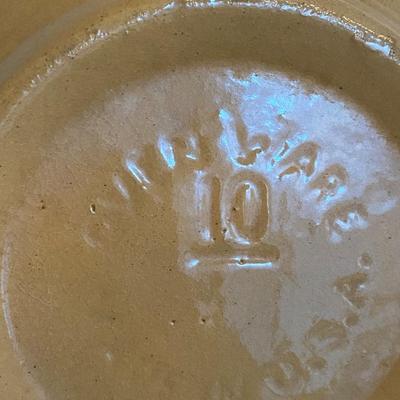 Yellowware #10 mixing bowl with blue and white stripes