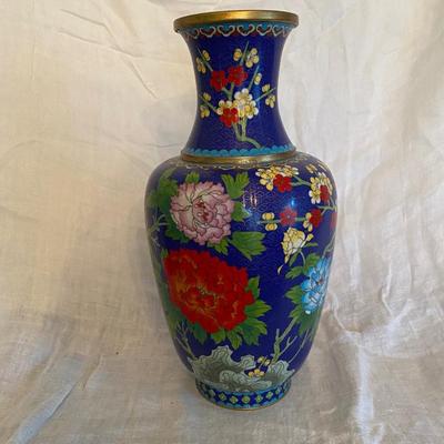 Beautiful Vintage 15" Chinese Brass and Cloisonné Large Vase with Floral design