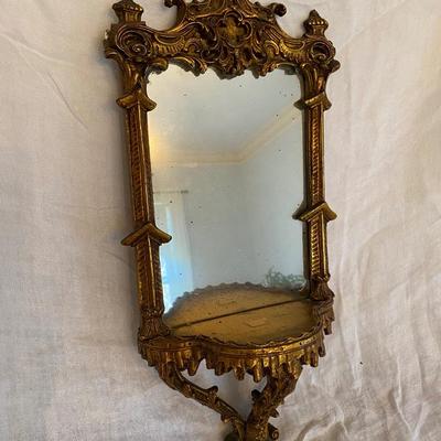 Antique Chinoiserie Pagoda Carved Gilded Wood - Accent Mirror with Shelf