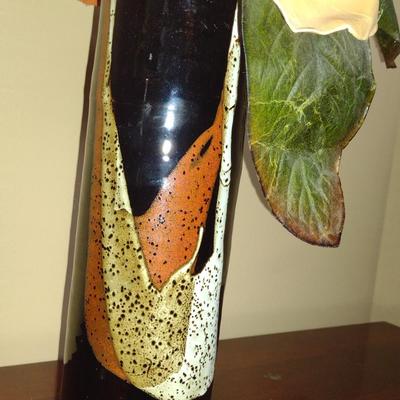 Asian Design Pottery Vase with Artificial Flower Arrangement