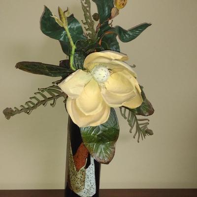 Asian Design Pottery Vase with Artificial Flower Arrangement