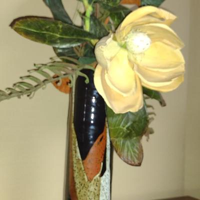 Asian Design Pottery Vase with Artificial Flower Arrangement