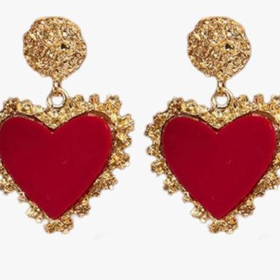Red Enamel Heart Shaped Gold Metal Framed Drop Earrings for Women or Girls for Valentine's Day Date Night Jewelry