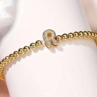 "R" Bubble Letter Inflated Charm Personalized Gold Alphabet Bracelet with Synthetic Cubic Zirconia