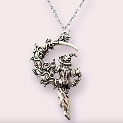 Witch Necklace, Witchcraft, Wiccan, Wicca Jewelry, Silver Crescent Moon, Pagan Jewelry, Pendant Necklace Gothic Charm Jewelry Gift,...