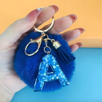 1pc "A" Blue Letter Keychain Trendy Plush Pompom Tassel Keyring Backpack Bag Hanging Pendant Car Charms Gifts For Women Female