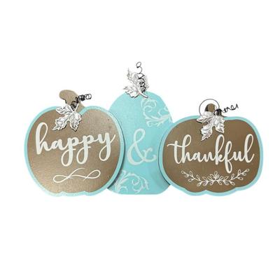 Fall Pumpkin Sentiment Sign - "Happy & Thankful" Teal Blue & Brown Home Decorations Holiday Decor Seasonal Deco