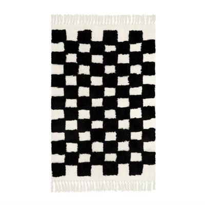 Black & White Checkered Washable Boho Checkerboard Tufted Cotton Rug with Tassels - 24" x 42"