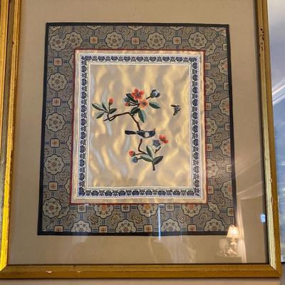 Vintage Framed Embroidered Silk Textile, Set of Two