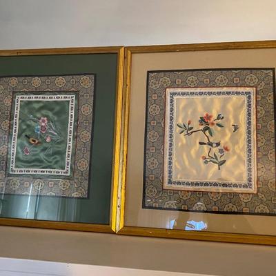 Vintage Framed Embroidered Silk Textile, Set of Two