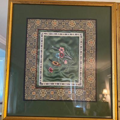 Vintage Framed Embroidered Silk Textile, Set of Two