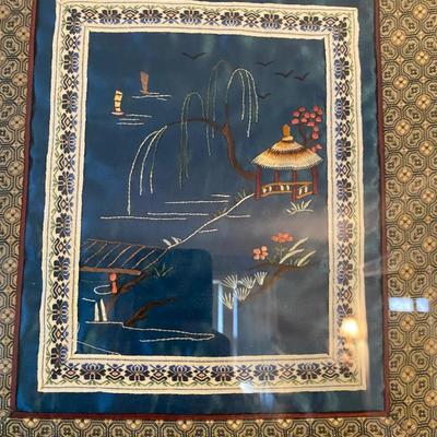 Vintage Framed Asian Embroidered Silk Textile, Set of Two