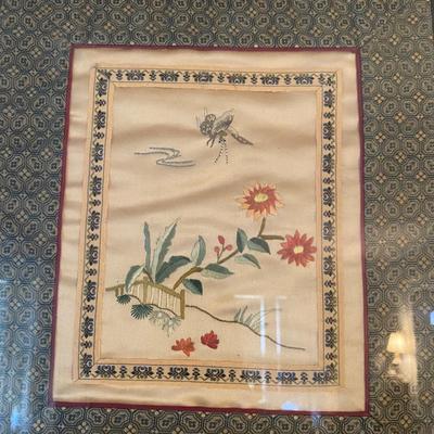 Vintage Framed Asian Embroidered Silk Textile, Set of Two