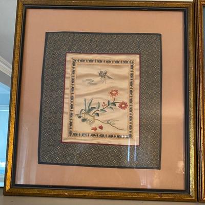 Vintage Framed Asian Embroidered Silk Textile, Set of Two