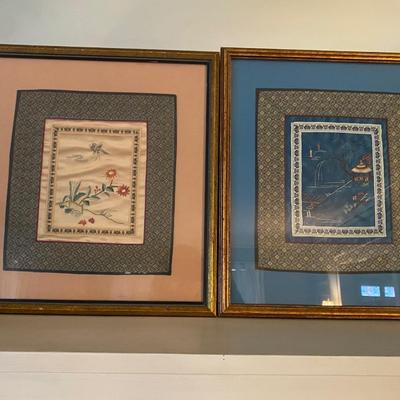 Vintage Framed Asian Embroidered Silk Textile, Set of Two