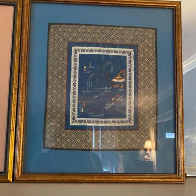 Vintage Framed Asian Embroidered Silk Textile, Set of Two