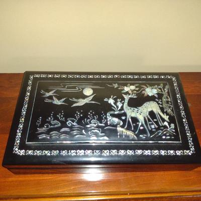 Lacquer Finish Chinese Smoking Box with Inlay Design- Approx 12" x 7" x 2 1/2"