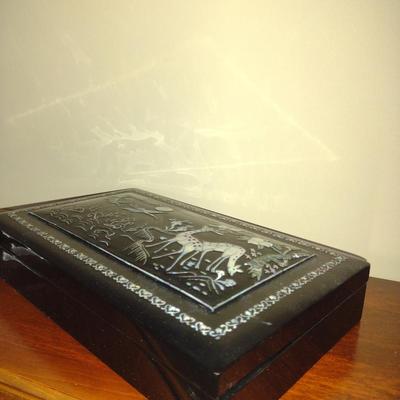Lacquer Finish Chinese Smoking Box with Inlay Design- Approx 12" x 7" x 2 1/2"