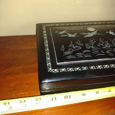 Lacquer Finish Chinese Smoking Box with Inlay Design- Approx 12" x 7" x 2 1/2"