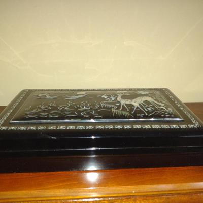 Lacquer Finish Chinese Smoking Box with Inlay Design- Approx 12" x 7" x 2 1/2"