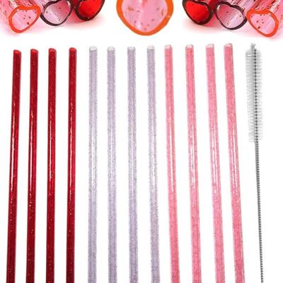 12 Plastic Heart Shaped Reusable Straws With Straw Cleaning Brush | Glitter Red, Clear, & Pink | For Ice Coffee, Juices, and Sodas |...