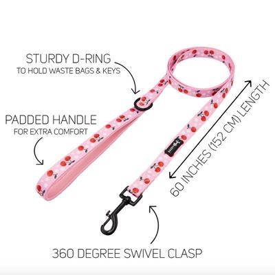 Sassy Woof 5' Dog Leash w/Sturdy D-Ring & 360 Degree Swivel Clasp in Mon Cherry Pink & Black Hardware