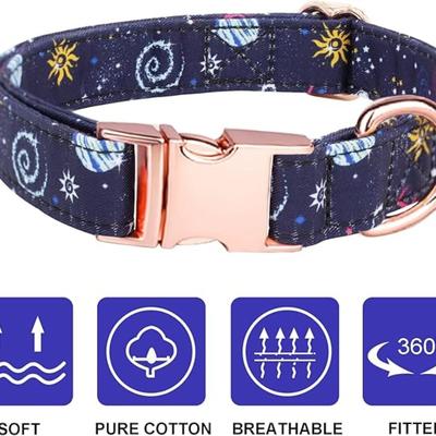 Size Small Navy Blue Sun Space Star Printed Small Dog Collar w/Matching Leash, Bowtie & Flower Rose Gold Hardware
