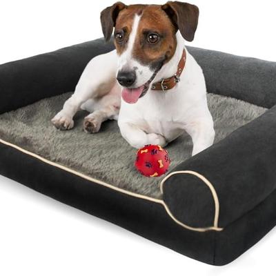 Gray Plush Orthopedic Dog Bed w/Side Bolster Support Pillows Couch for Dogs Pets Cats w/Memory Foam, Anti-Slip Bottom Machine Washable...