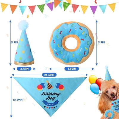 3-Piece Dog Birthday Party Supplies, Dog First Birthday Bandana, Squeaky Dog Birthday Hat, Cute Puppy Toy Donut