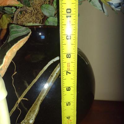 Asian Design Pottery Vase with Artificial Flower Arrangement- Signed by Artist