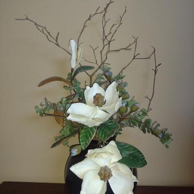 Asian Design Pottery Vase with Artificial Flower Arrangement- Signed by Artist