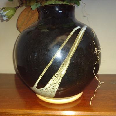 Asian Design Pottery Vase with Artificial Flower Arrangement- Signed by Artist