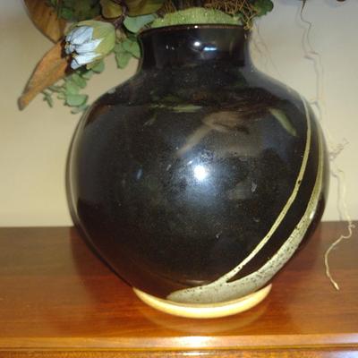 Asian Design Pottery Vase with Artificial Flower Arrangement- Signed by Artist