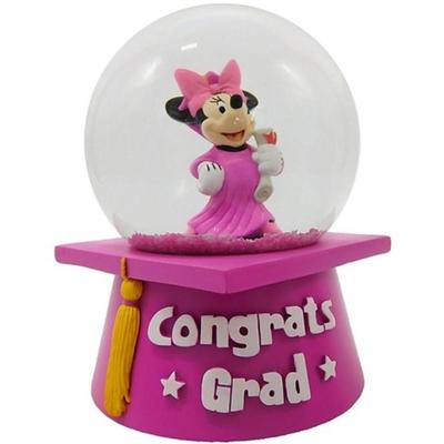 Disney Minnie Mouse Pink Graduation Cap Water Globe Wind Up Playing Pomp and Circumstance