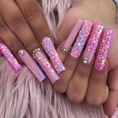 A - Long Press on Nails Coffin Glue on Nails Full Cover Glitter Design Rhinestones Fake Nails Cute Flower Stick on Nails Spring Acrylic...
